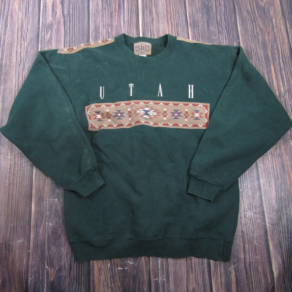 Vintage SDI Sweatshirt Mens M Green Fleece Crewneck Utah Graphic Western USA